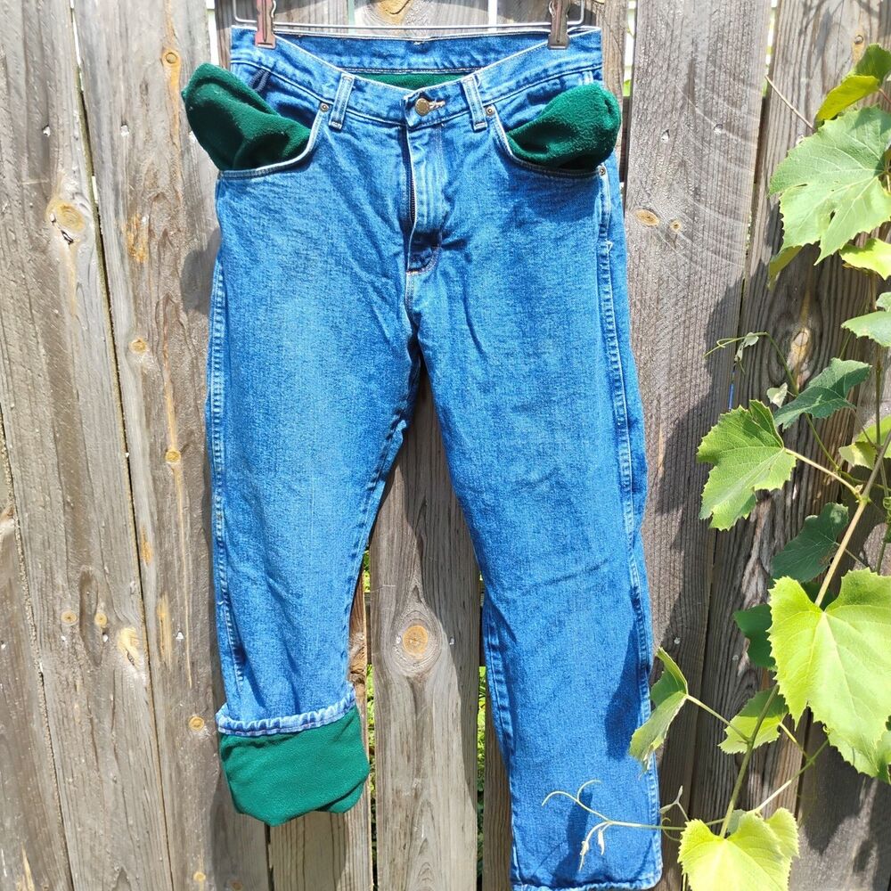 Wrangler Rugged Wear Fleece Lined Denim Jeans Mens 30x32 Green Warm Work Pants